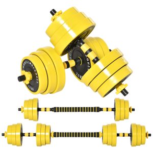 25 Kg håndvægt og vægtstang, justerbart ergonomisk 3-i-1 håndvægtsæt, 12 skiver, 2 korte stave, 1 lang stav, gul + sort